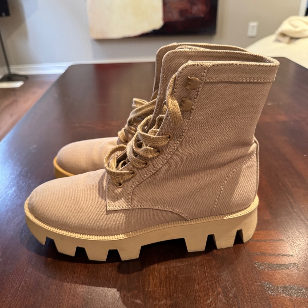 Prada Beige Canvas High Top Lace Up Boots
